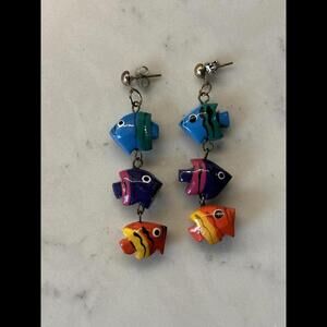 Handmade Vintage 80's Wooden Colorful Fish Dangle Earrings